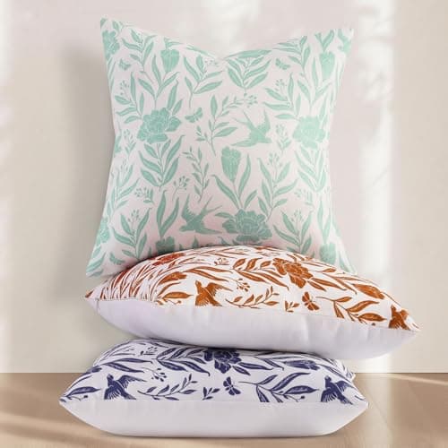 decorUhome Floral Throw Pillow Covers 18x18 Inch Set of 2, Aqua Vintage Block Print Linen Spring Pillow Covers, Rustic Neutral Toile Farmhouse Decorative Square Pillowcases for Couch Sofa - Thumbnail 6
