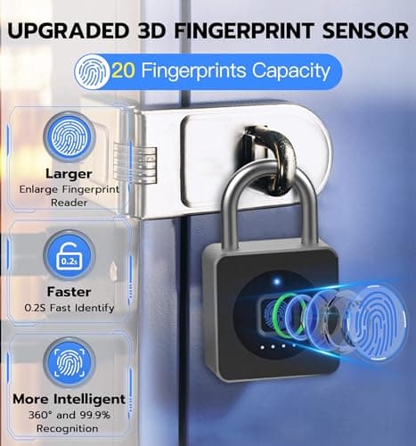 eLinkSmart Fingerprint Gym Locker Lock, Keyless Biometric Padlock, Weatherproof Electronic Digital Smart Combination Pad Lock for Outdoor Fence Gate Storage Helmet Ski Pool Shed (Black, with Cable) - Thumbnail 3