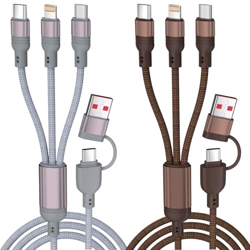 Travel Multi Charging Cable, 5 in 1 Charging Cables for Multiple Devices, Nylon Universal Phone Charger Cord USB A/C to Type C/Micro USB/IP for iPhone17/16/15/14/Phone&Pad (2Pack,4FT)Gray+Brown
