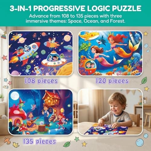 NurtureNook Puzzles for Kids Ages 6-8, 3-in-1 Progressive Jigsaw Puzzle Set (108, 120, 135 Pieces), Advanced Fantasy Toys (Space, Mermaid & Magic Forest), Birthday Gift with 3 Storage Boxes - Thumbnail 2
