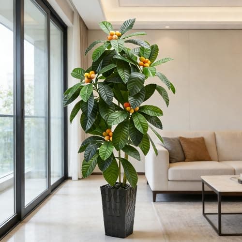 FSOHOI 5FT Artificial Tree with Fruit, Artificial Loquat Tree, Large Fake Green Tropical Fruit Tree Silk Floor Plants Indoor with Black Planter for Outdoor Home Room Office Patio Decor - Image 1
