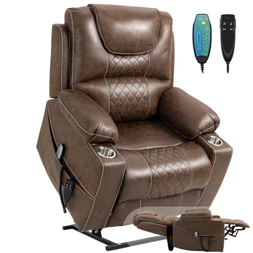 FUNECORP Large Power Lift Recliner Chair Sofa with Massage and Heat for Big and Tall Elderly,Infinite Positions,Dual Motor,Cup Holders,Extended Footrest,Air Leather Home Theater Seat