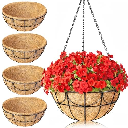 EINYEXW 12 Inch 4 Pack Hanging Baskets Planters for Outdoor Plants - Wire Hanging Baskets Plant for Plants Outdoor with Coco Liners Minimalist Metal Hanging Pots for Outside Garden Patio Porch Decor - Image 1