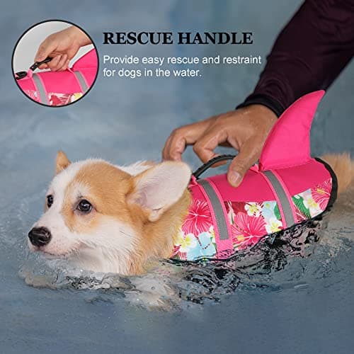 Dogcheer Dog Life Jacket Shark, Hawaiian Style Dog Life Vest for Swimming Boating with Superior Buoyancy and Rescue Handle, Reflective Pet Swim Vest for Small Medium Large Dogs - Flower Pink, M - Thumbnail 2