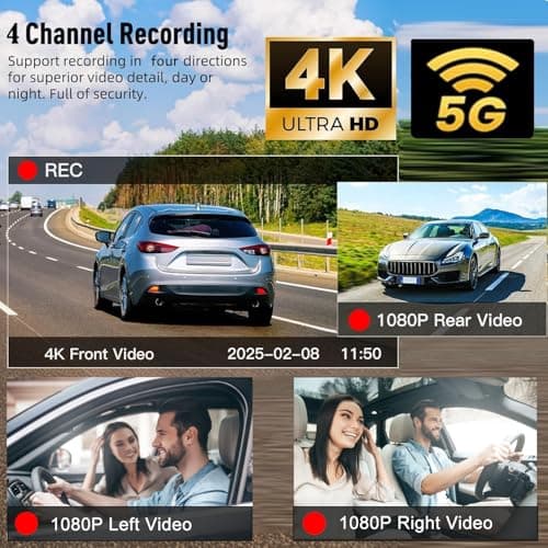 4 Channel 4K Dash Cam Front and Rear Inside, 360° View 1080P Dash Camera for Cars, Super Night Vision, Gravity Sensor, Loop Recording, WDR, 24H Parking Mode, WiFi & APP Control, with 64GB Card - Thumbnail 3