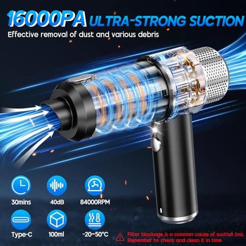 JONYJ Handheld Car Vacuum Cleaner, 16000PA Hand Held Vacuum Portable Cordless, 2 in 1 Air Duster and Vacuum Cleaner with LED Light, Multi-Nozzles, 120W High Power Mini Vacuum for Home, Pet, Office - Thumbnail 3