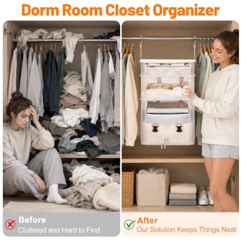 Hanging Closet Organizer, Foldable Beige Mesh Shelves with Zipper Bag - Thumbnail 6