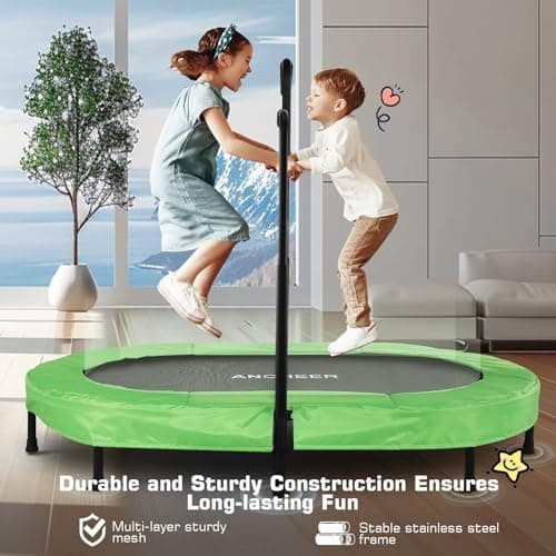 ANCHEER Trampoline for Kids, 56" Double Toddler Trampoline with Adjustable Handlebar, 220LBS Weight Capacity - Indoor/Outdoor Foldable Jumper for 2+ Users (ASTM Certified) - Thumbnail 4