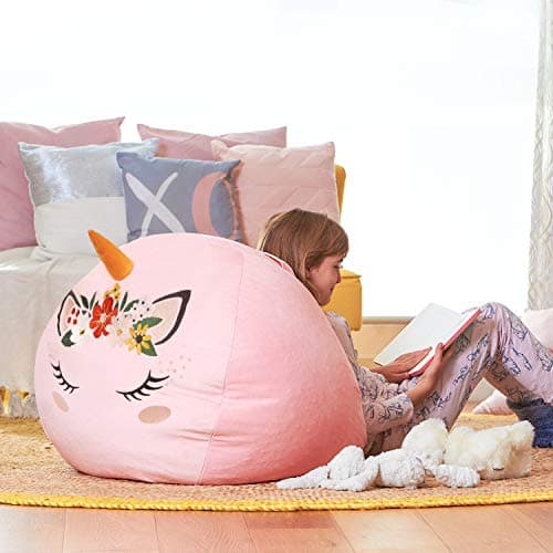 Aubliss Stuffed Animal Storage Bean Bag Chair Cover for Kids,X-Large Velvet Extra Soft Zipper Beanbag for Organizing Toddler and Kids' Rooms Plush Toys,Bean Bag Chair Cover Only,Unicorn Pink Floral - Thumbnail 5