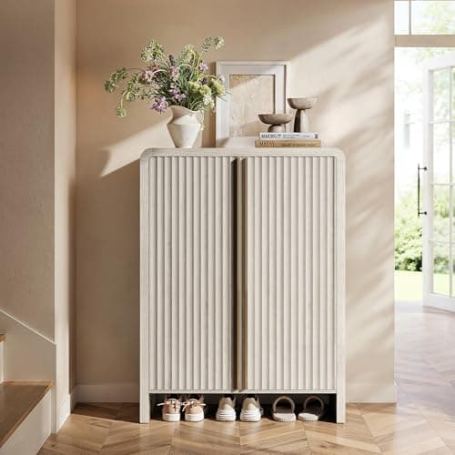 ModernMate 43" Tall Shoe Cabinet with Adjustable Shelves, 20 Pairs Large Shoes Storage Cabinet with Solid Metal Handle, Wood Fluted Shoes Organizer Cabinet with Arch Profile for Entryway, Hallway - Image 1