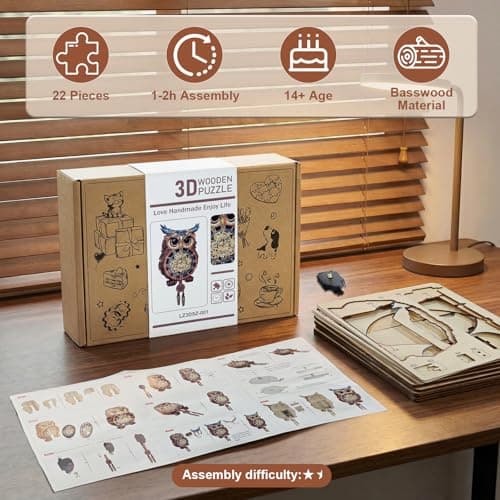 Kosmickiss 3D Wooden Puzzles for Adults, Owl Wooden Clock, DIY Model Building Kits for Adults, Owl Gifts for Women, Creative Decor for Home - Thumbnail 3