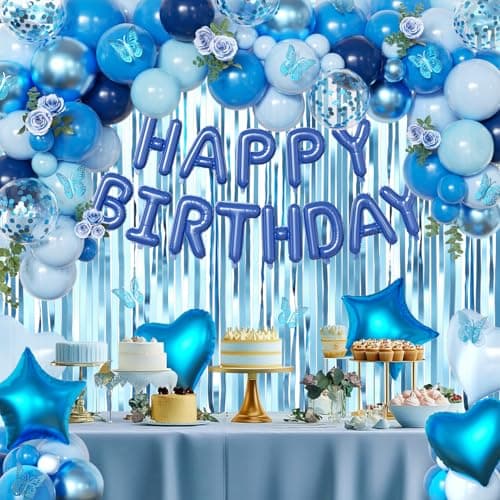 Navy Blue Birthday Decorations for Men Boys, Navy Blue Macaron Light Metallic Blue Confetti Balloons Happy Birthday Banner Butterfly Fringe Curtains for 21st 25th 30th Birthday Decorations - Thumbnail 4
