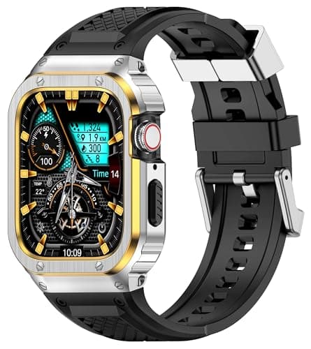 Deczone Band with Stainless Steel Case Compatible with Apple Watch Series 11 10 42mm Band, iwatch Bands Rugged Metal Protective Cover for Men (Silver Gold)