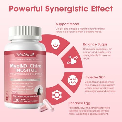 Mulittea Myo-Inositol & D-Chiro Supplement for Women - 14-in-1 Liposomal Inositol with Folic Acid,Omega-3 & Multivitamin for Hormone Balance,Support Ovarian,Skin & Mood- 40:1 Vegan 120 Capsules - Thumbnail 4