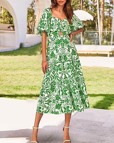 BTFBM Women's Clothing Spring Summer Dresses 2026 Beach Vacation Short Sleeve Smocked Back Boho Casual Floral Maxi Dress(Print Grass Green, Small) - Thumbnail 5