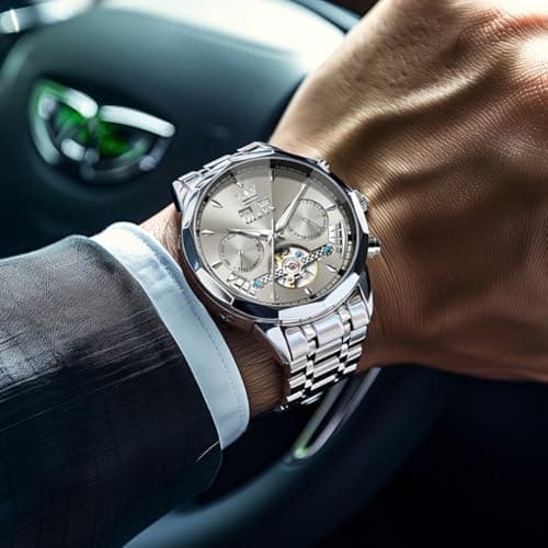 OLEVS Watches for Men Luxury Automatic Self Winding Mechanica Silver Stainless Steel Dress Wrist Mens Watches Grey Face Tourbillon Waterproof Luminous Analog Watch - Thumbnail 3
