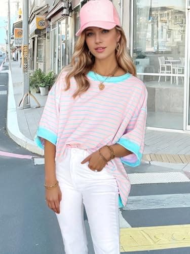 XINWEIZZ Oversized T Shirts for Women Casual Short Sleeve Striped Knit Shirt Crewneck Sweatshirts High Low Loose Blouse Tops - Thumbnail 2