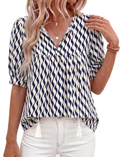 PRETTYGARDEN Womens Summer Boho Tops 2026 Vacation Outfits Casual Tie Front V Neck Peasant Blouses Puff Short Sleeve Shirts(White Blue Striped,Small) - Image 1
