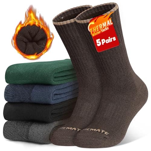 CLOSEMATE Mens Thermal Winter Crew Socks for Boots Thick and Warm for Cold Weather Work Hiking 5 Pairs(1Black 1DarkGrey 1Brown 1DarkBlue 1DarkGreen, Size M) - Image 1