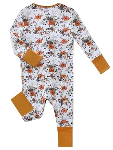 Joonberry Infant Baby Girl Clothing Bamboo Rayon Footies, Newborn outfit Footed Long Sleeve Jumpsuit with Zipper and Mitten Cuffs (Country Ditsy Floral, 12-18M) - Thumbnail 2