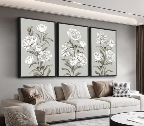 Large Framed Floral Wall Art, Elegant Blossom Plants Wall Pictures 24"x36" Set of 3 Light Grey Botanical Painting Prints Botany Peony Canvas Artwork for Living Room Bedroom Home Office Decor - Image 1