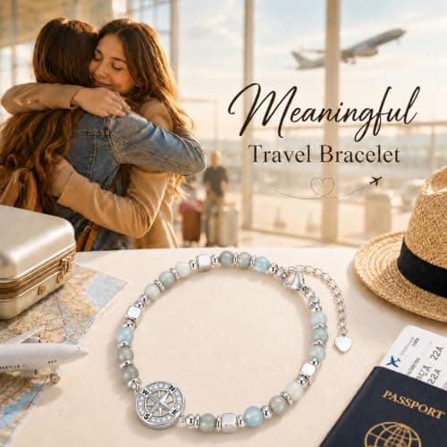 Silver Compass Beaded Bracelet for Women - Natural Stone Dainty Link Bracelet with Cubic Zirconia Compass Charm Womens Adjustable Stackable Bracelets Trendy Jewelry Gift Her Travel Going-Away Graduation - Thumbnail 3