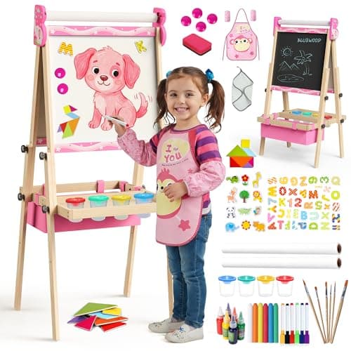BlueWood Easel for Kids, Drawing Double Sided 4-in-1 Painting Art Stand, Adjustable Wooden Easel Set Toddlers, Magnetic Whiteboard & Chalkboard with Paper Rolls for 3-8 Child, Pink