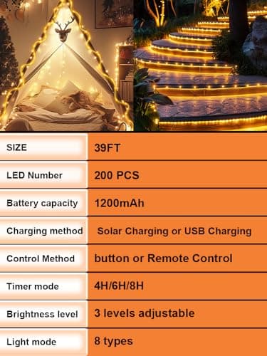 Larger Tube Solar Rope Lights 200LEDs Waterproof,Rechargeable Battery,Dual Charging,39FT Outdoor String Light,Remote-Control,for Pathway Patio Garden Palm Tree Christmas (Brighter - Warm White) - Thumbnail 6