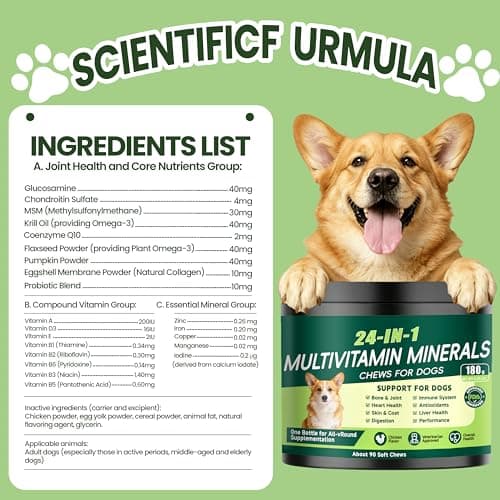 24-in-1 Dog Vitamins and Supplements, Dog Multivitamin Chewable with Chondroitin Probiotics Omega-3 Glucosamine for Dogs Skin Coat Hip and Joint Heart Gut Liver Brain Eye Immune Support, 90 Chews - Thumbnail 5