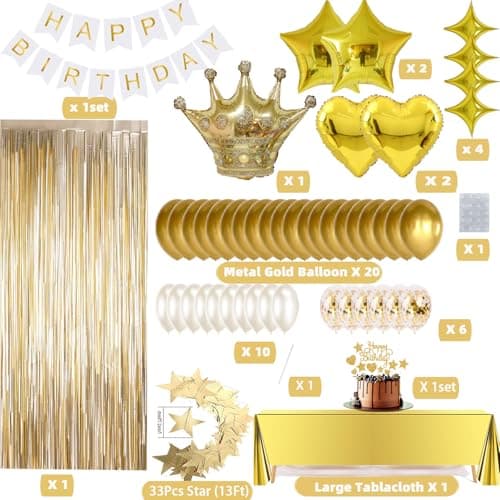Gold Birthday Decorations Set – Happy Birthday Banner, Star Garland, Crown Foil Balloon, Fringe Curtain Backdrop, Table Cover, Cake Topper, Confetti &Latex Balloons for Boys Girls Men Women Party - Thumbnail 4