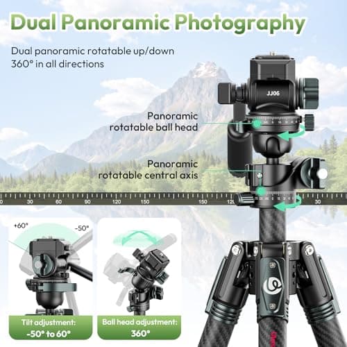 ULANZI JJ06 GlideGo Carbon Fiber Video Tripod, Dual 360° Pan Head, 73.6 inch Max Height, 11 lb Load, UKA Quick Release, Professional Portable Lightweight Travel Tripod with Bag - Thumbnail 3