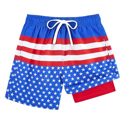 Cozople Boys 4th of July Swim Trunks Swim Shorts American Flag Swimwear Boxer Brief Liner Patriotic Swim Trunk Anti Chafe UPF Swimming Short Compression Bathing Suits Size 18-20 - Image 1