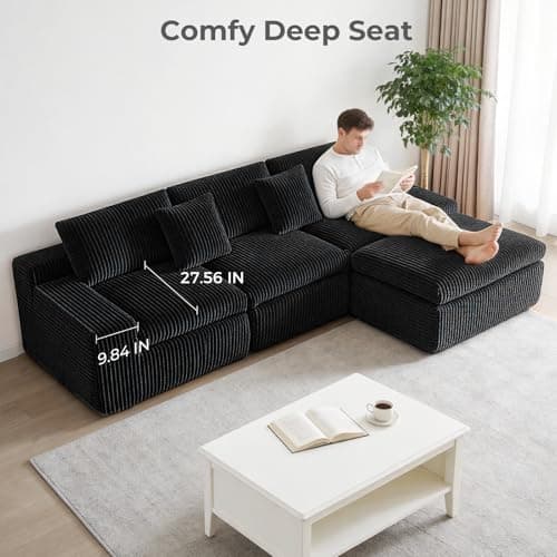 HipyMo 105" L-Shaped Boneless Cloud Couch, Modular Sectional Sofa with Ottoman and Extra-Wide Armrests, Deep Seat Sectional Couches for Living Room, High-Density Foam, No Assembly Required, Black - Thumbnail 6