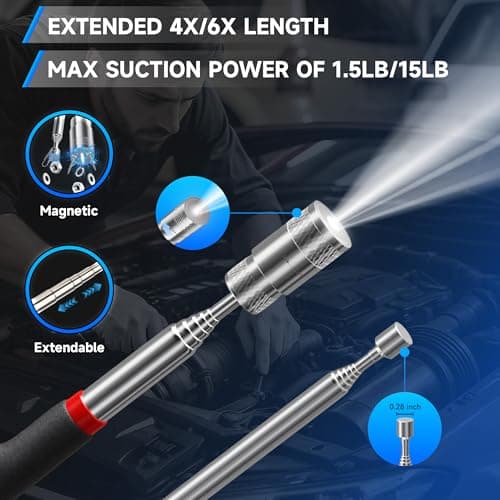 Dad Gifts, 5Pcs Telescoping Magnetic Pick Up Tool Set, with 1lb &15lb Pick-up Rod, 360° Square & Circle Swivel Adjustable Inspection Mirror and LED Flashlight, Birthday Gifts for Men, Dad - Thumbnail 5