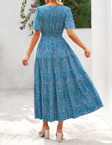 MEROKEETY Women's Spring Summer Floral Maxi Dresses 2026 Casual Beach Vacation Boho V Neck Short Sleeve Midi Dress Pockets, Bluegreen, Medium - Thumbnail 3