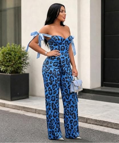 knowfashionstyle Sexy 2 Piece Sets For Women Going Out Sleeveless Croset Top And Wide Leg Pants Set Party Birthday Outfits BlueLeopard S - Thumbnail 6