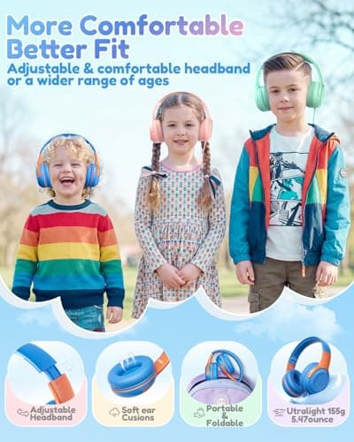 awatrue USB-C Kids Headphones with Mic - 85/94dB Volume Limiter, Foldable Wired Toddler Headphones for Boys & Girls, Over-Ear Type-C Kid Headphones for School, Travel, lPad, Tablet & Smartphones - Thumbnail 5