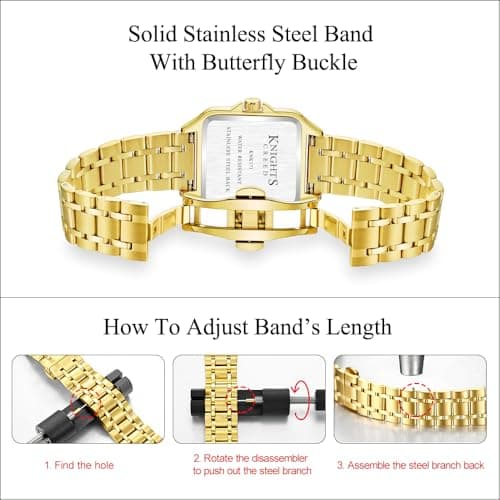 KNISKRED Classic Square Watch for Men with Vintage Roman Numeral and Solid Stainless Steel Band (Gold) - Thumbnail 6