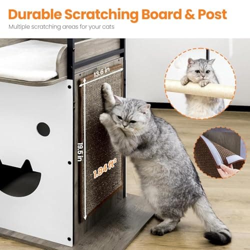 Feliskyn Wood Modern Cat Tree Tower for Indoor Large Cats,48-Inch Tall Wooden Cat Trees with Big Perch Bed, Multi-Level Condo with Scratching Board and Posts, Removable Pads, Cat Furniture, Greige - Thumbnail 4