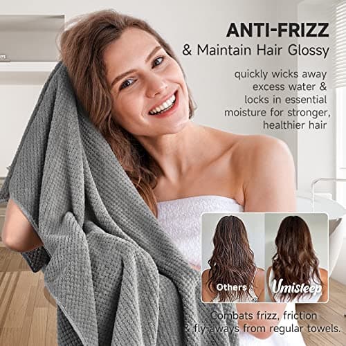 Umisleep Extra Large Microfiber Hair Towel for Women Long, Curly, Thick Hair, Super Soft Anti Frizz Quick Dry Hair Towel Wrap, Ultra Absorbent Hair Turban with Elastic Band Grey - Thumbnail 3