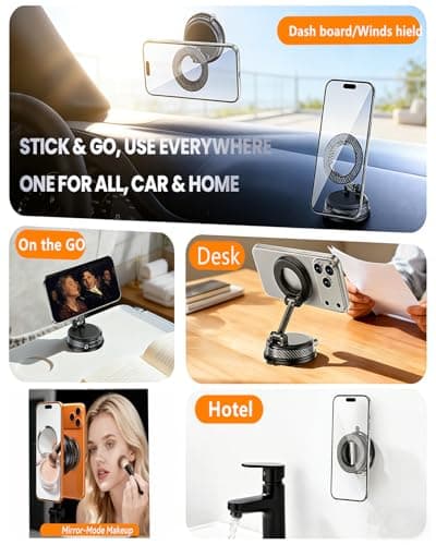 Fclvd Magnetic Car Phone Holder, 360°Adjustable Vacuum Dashboard and Windshield Mount Magsafe Cell Phone Holders for Your Car, Carbon Fiber 108+LBS Nano Gel Suction Cup, iPhone, Samsung (Orange) - Thumbnail 6