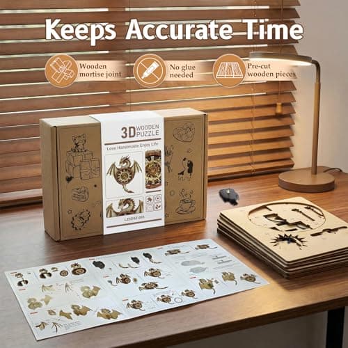 Kosmickiss 3D Wooden Puzzles Model Kits Dragon Clock for Adults, 3D Building Models DIY Crafts for Women Men, Wall Clock Puzzle Birthday Gift for Adults Home Decor - Thumbnail 6