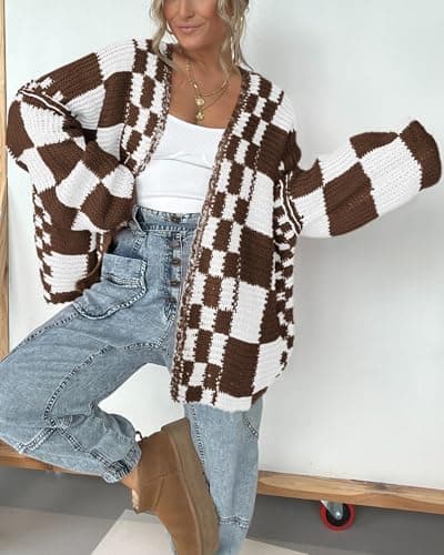 BTFBM Casual Cardigan Sweater for Women Fall 2026 Long Sleeve Open Front Chunky Knit Sweaters Checkered Outwear Coat(Brown,Large) - Thumbnail 4