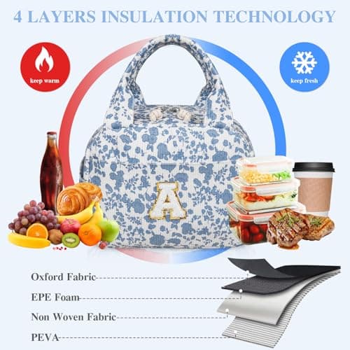 Large Lunch Bag for Women Men Cute Corduroy Lunch Tote Bags Reusable Lunch Box Adult Leakproof Portable Cooler Bag for Work Picnic or Travel Use (BlueWhite C) - Thumbnail 5