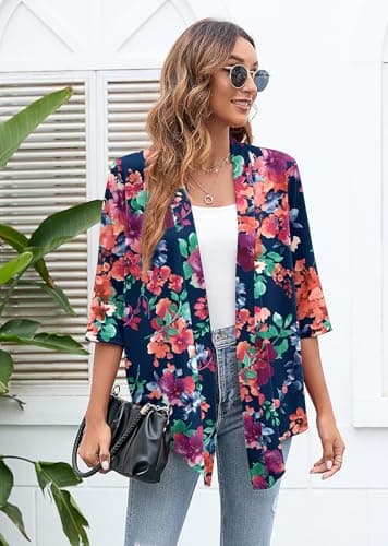 Heymoments Cardigan for Women Blue Colored Flower 3X-Large Draped Open-Front 3/4 Sleeve Lightweight Casual Soft Drape Summer Fall Kimonos Cardigans - Thumbnail 4