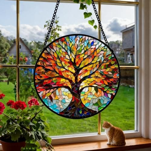 Stained Glass Window Hanging, Tree of Life Sun Catcher, Sun Catchers Indoor Window, Colorful Glass Panel,Suncatcher Room Decor,Gifts for Grandma Mom Wife,Aunt Birthday Gifts for Women 7.8in - Thumbnail 4
