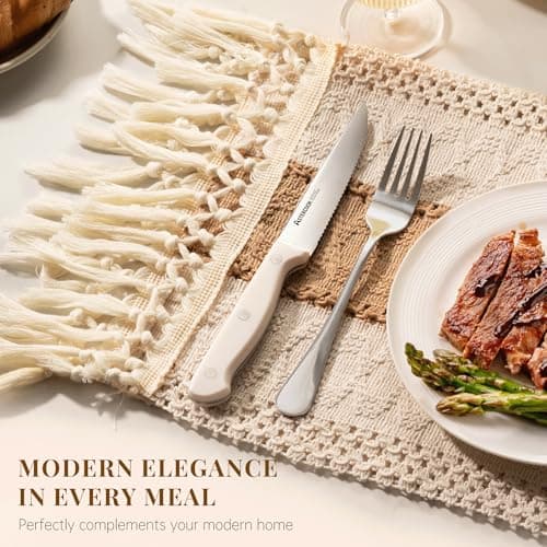 Astercook Steak Knives, Steak Knives Set of 8, High Carbon Stainless Steel Steak Knife Set with Full Tang Handle, Dishwasher Safe Serrated Knife, Elegant Cream White - Thumbnail 5