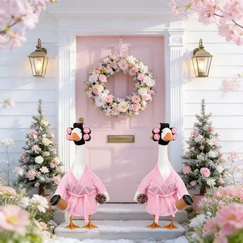 yuboo 23 Inch Pink Lady Porch Goose Outfits, Bathrobe Porch Goose Statue Costume with Cute Curlers and Coffee Cup, Funny Summer Lawn Yard Garden Patio Decor, Cute Goose Clothes Cement - Thumbnail 6