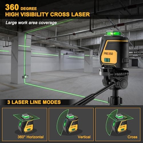 PREXISO 360 Laser Level with Tripod - IP54 Rechargeable Wide Angle Vertical Line Laser, 100Ft Green 3 Brightness Adjustment Self Leveling Cross Line for Construction, Floor Tile, Renovation - Thumbnail 2