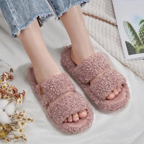 ATHMILE House Slippers for Women with Platform Memory Foam Arch Support Open Toe, Fuzzy Fluffy Cozy Womens Slippers for Home Indoor Outdoor Bedroom Ladies Gifts Pantuflas Para Mujer - Thumbnail 2